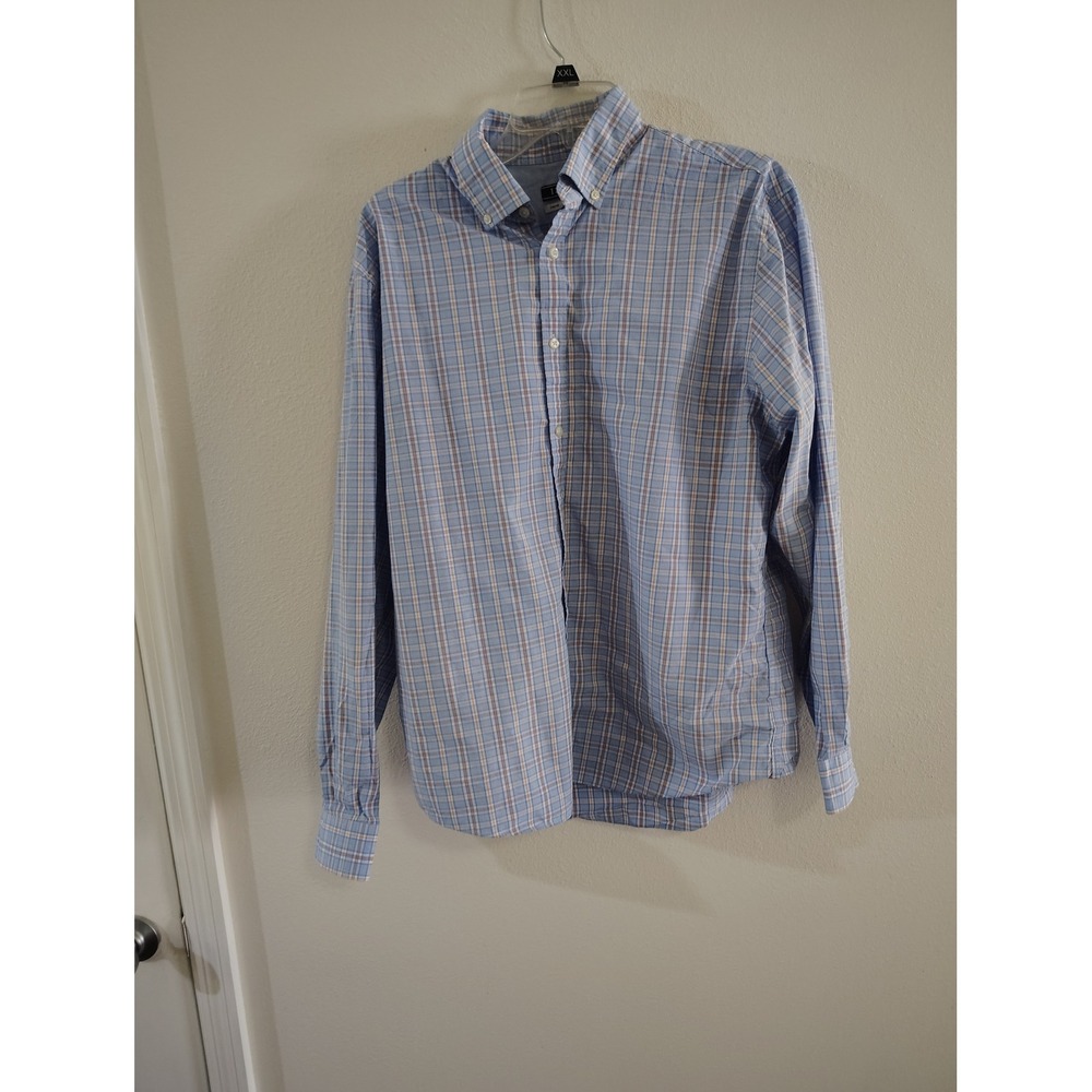 IZOD Mens Slim Fit Stretch Plaid‎ Button Down Shirt Blue Orange 16.5 34/35
